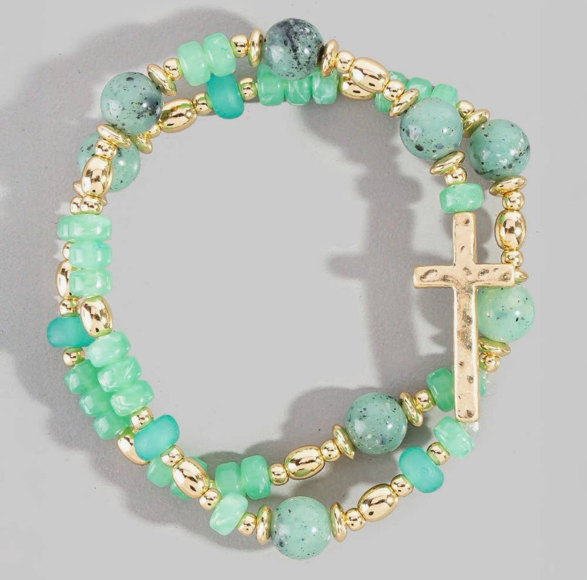 Sea Glass + Cross Charm Mixed Beaded Bracelet Set