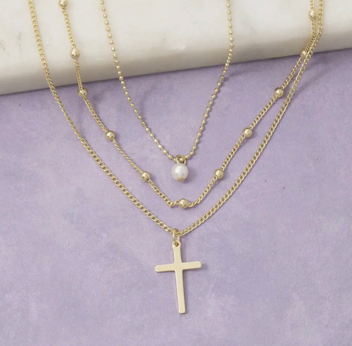 Layered Pearl + Cross
Chain Necklace