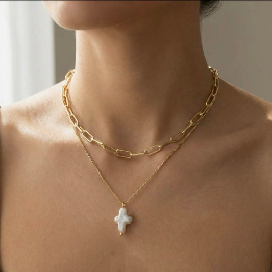 Gold Dipped Pearl Cross Pendant
Layered Chain Necklace