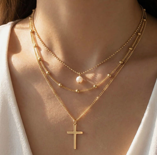 Layered Pearl + Cross
Chain Necklace