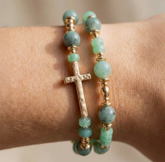 Sea Glass + Cross Charm Mixed Beaded Bracelet Set