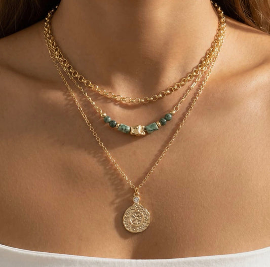 Layered Semi Precious Stone Coin
Pendant Necklace