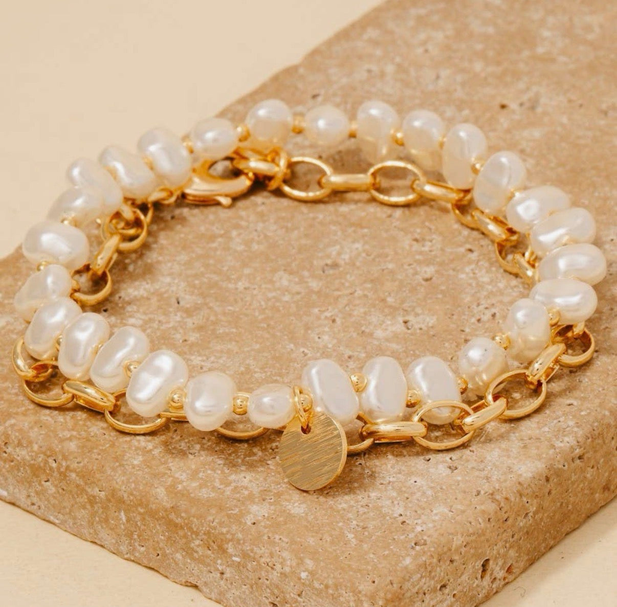 Coin Charm Pearl Beads and Chain
Layered Bracelet