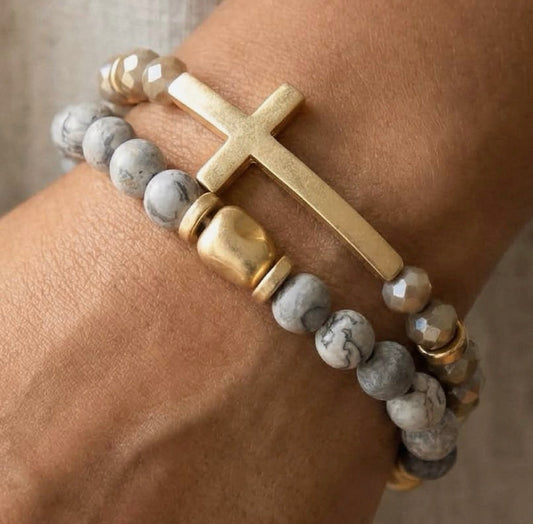Cross Charm Stone Beaded
Bracelet Set