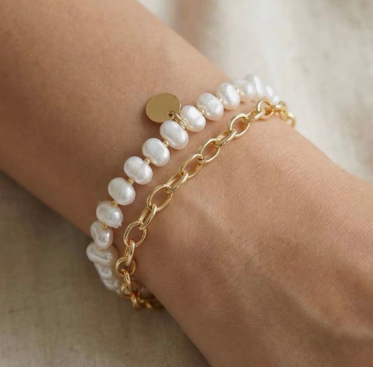 Coin Charm Pearl Beads and Chain
Layered Bracelet