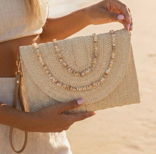 Shell Beaded Accent Paper Woven
Envelope Clutch Bag