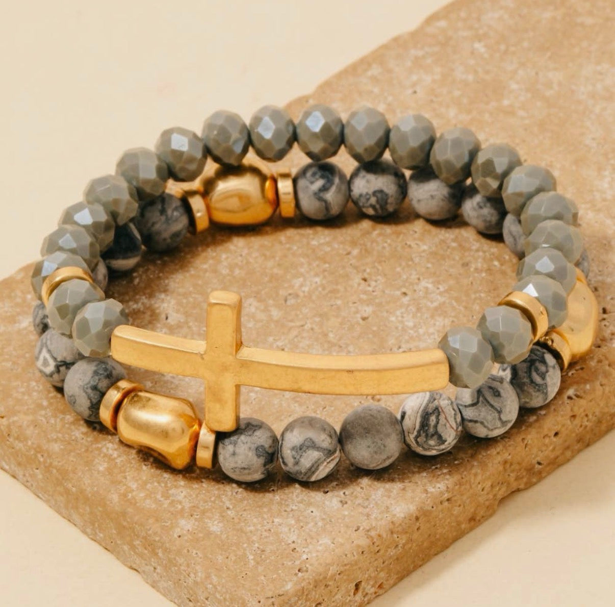 Cross Charm Stone Beaded
Bracelet Set