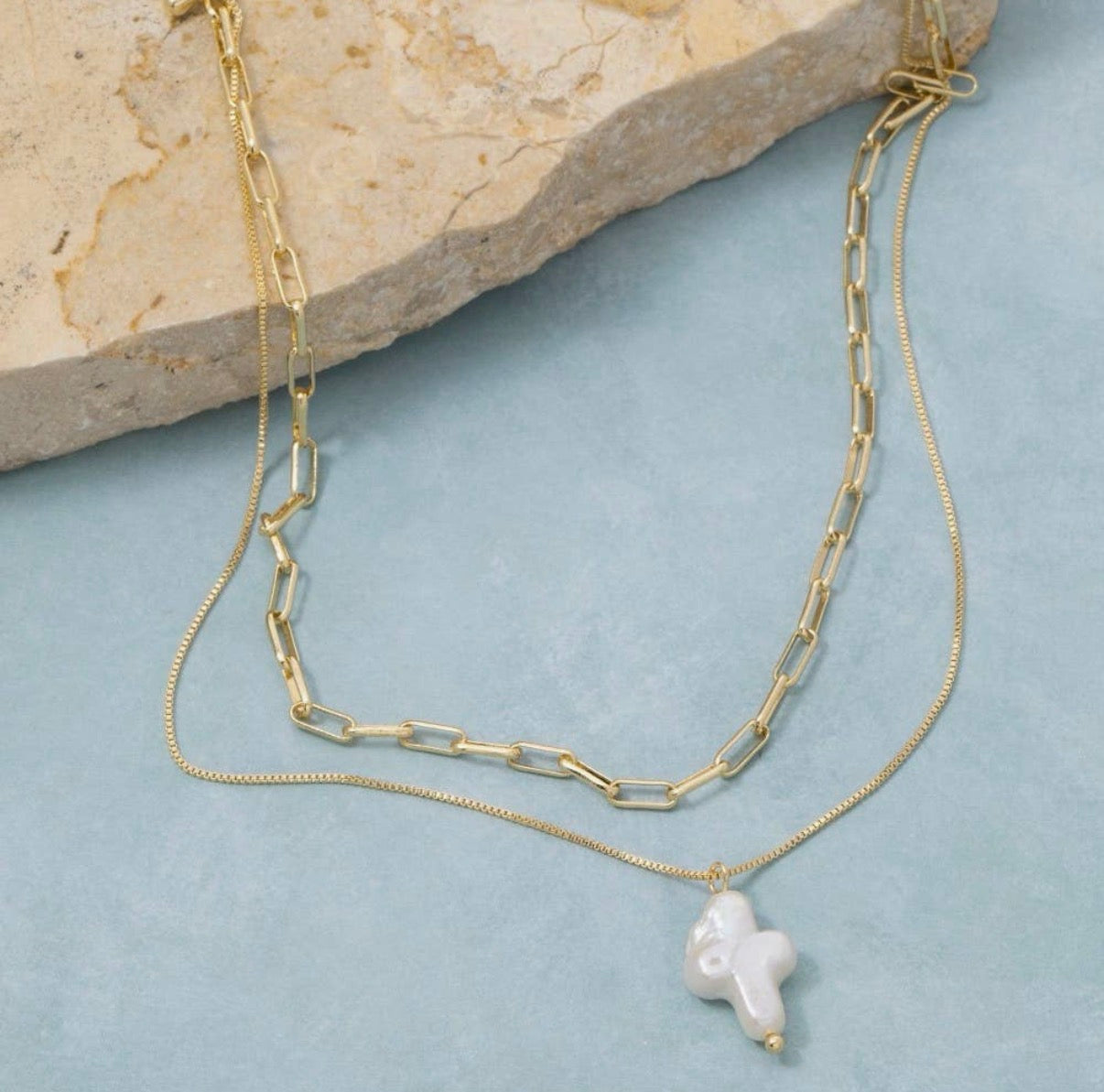 Gold Dipped Pearl Cross Pendant
Layered Chain Necklace