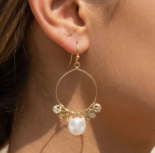 Pearl and Disc Charm Hoop Earrings