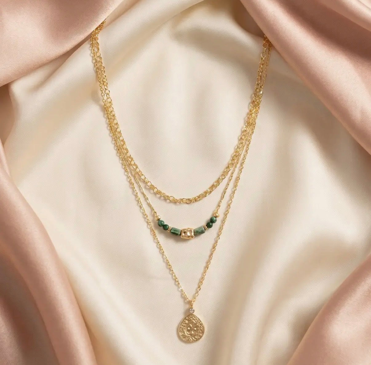 Layered Semi Precious Stone Coin
Pendant Necklace